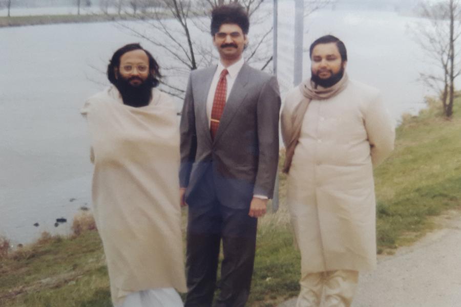 Brahmachari Girish Ji with Brahmachari Girish Momaya and Ved Prakash Sharma at Marina, bank of Mass river, Roermond, Holland, winter 1993